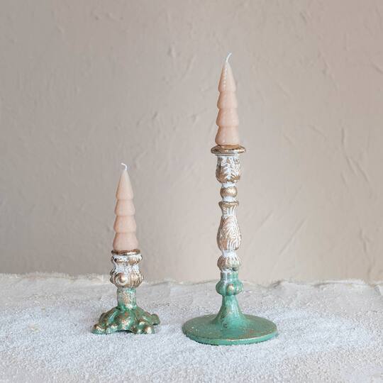 Hello Honey® 9.25" Green, Gold and Cream Distressed Cast Metal Taper Candleholder